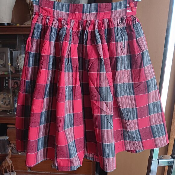 20" 20W Vtg 50s ROCKABILLY COUNTRY COTTON RED PLAID PRINT COTTON SIDE ZIP Skirt - Picture 2 of 6
